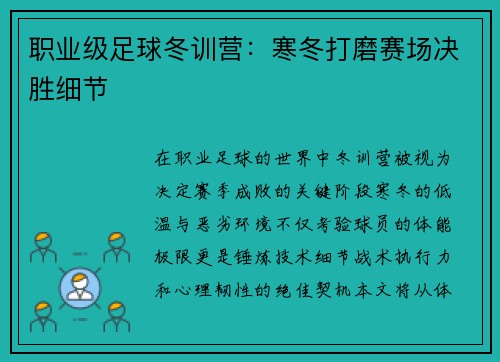 职业级足球冬训营：寒冬打磨赛场决胜细节