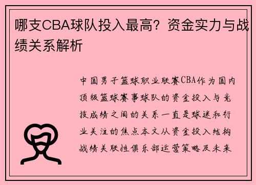 哪支CBA球队投入最高？资金实力与战绩关系解析
